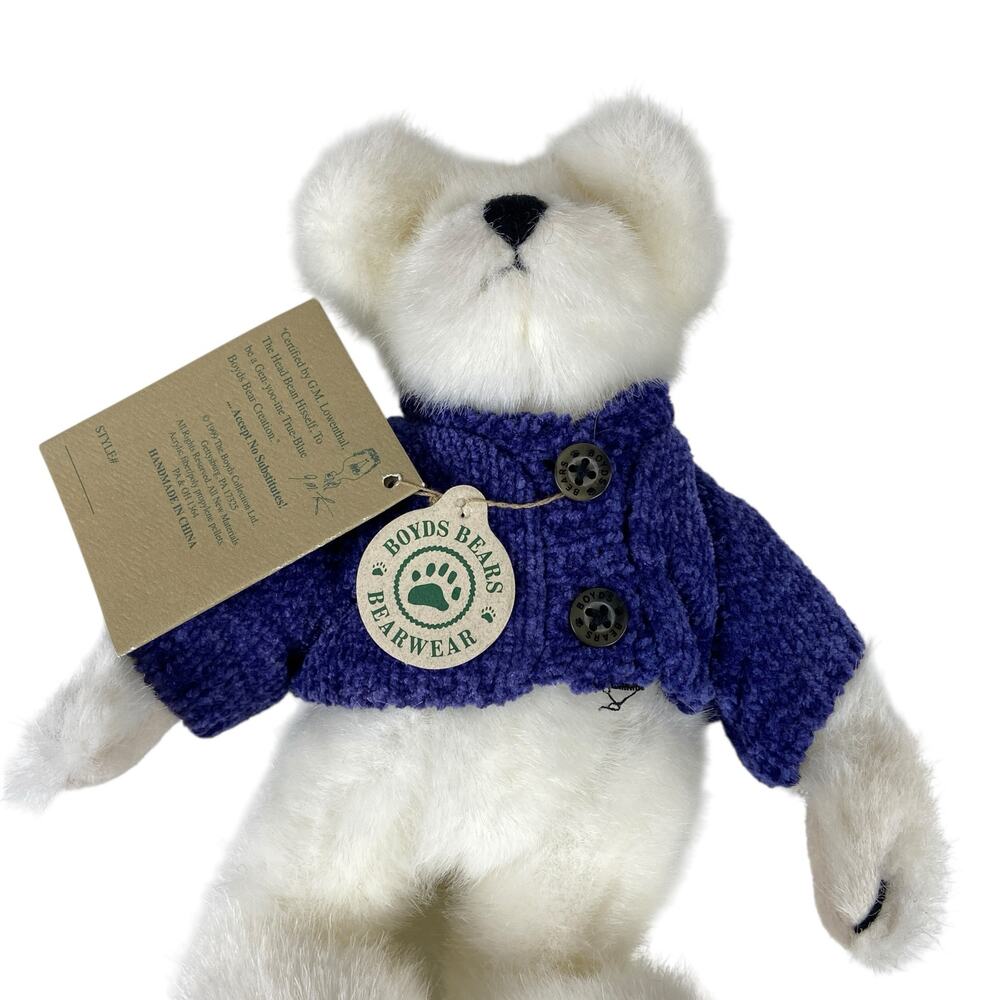 Boyds Collection 1999 20th Anniversary White Bear Plush Toy Blue Sweater 8" - Picture 4 of 12